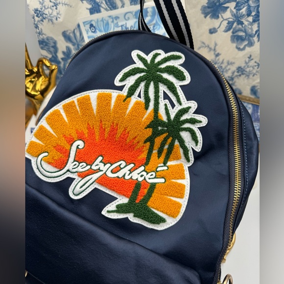 🆕 SEE BY CHLOE 🧿 NWT Blue Satin Palm Trees Decal Backpack - Picture 9 of 16